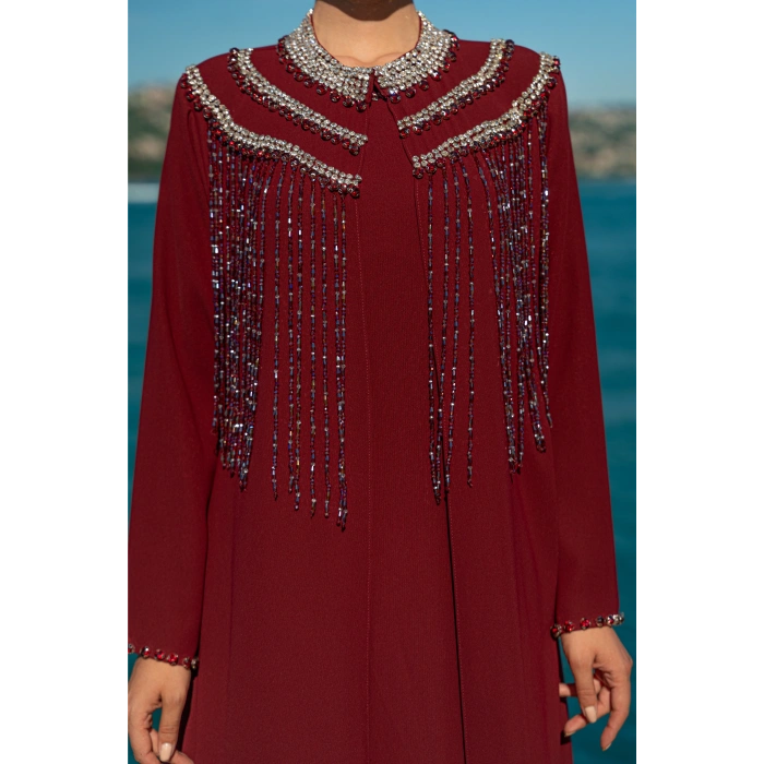 TAŞLI UZUN TESETTÜR ZARİF ABAYA-BORDO