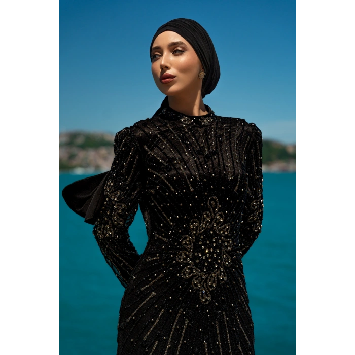 TAŞLI UZUN TESETTÜR ZARİF ABİYE-SİYAH