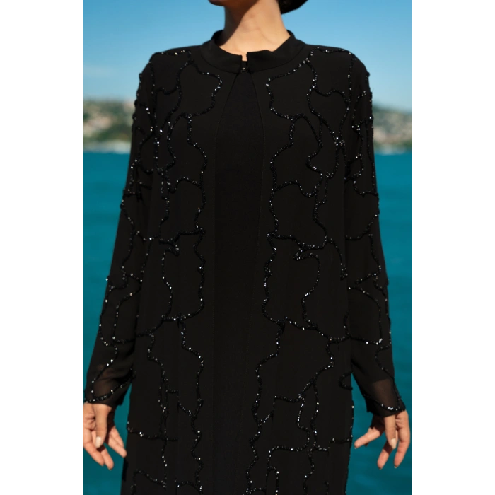 TAŞLI UZUN TESETTÜR ZARİF ABAYA - SİYAH