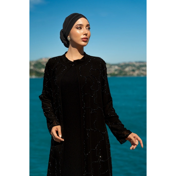 TAŞLI UZUN TESETTÜR ZARİF ABAYA - SİYAH