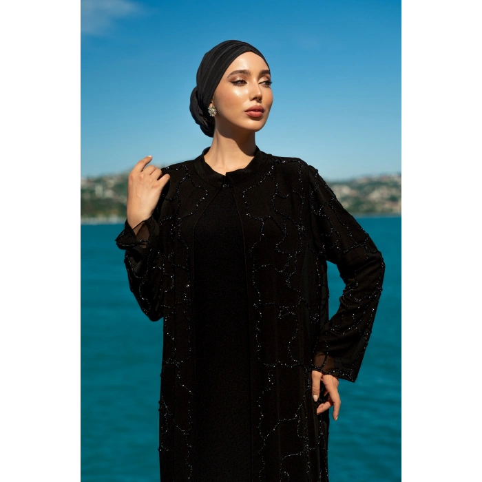 TAŞLI UZUN TESETTÜR ZARİF ABAYA - SİYAH