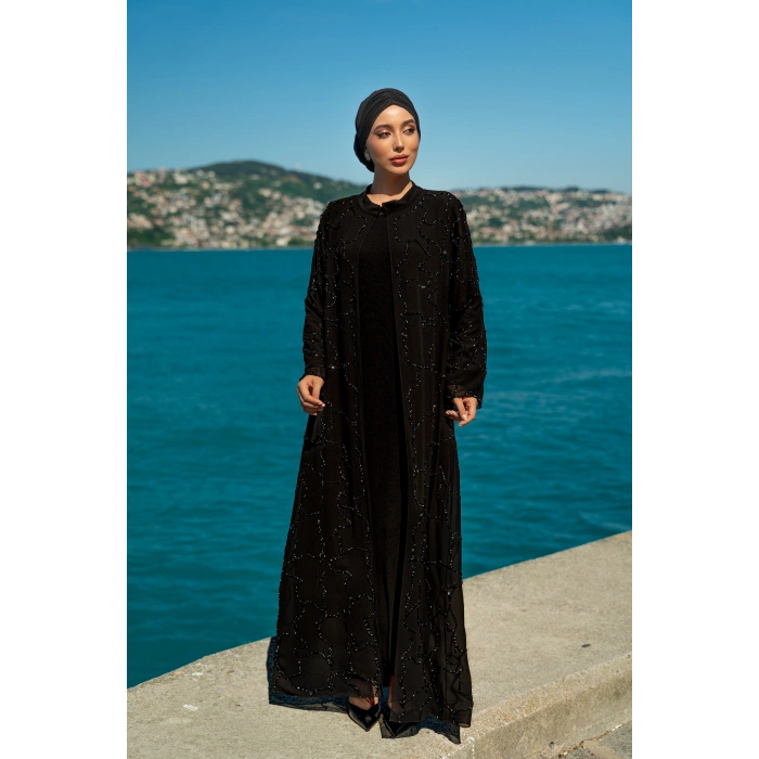 TAŞLI UZUN TESETTÜR ZARİF ABAYA - SİYAH