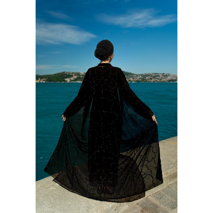 TAŞLI UZUN TESETTÜR ZARİF ABAYA - SİYAH