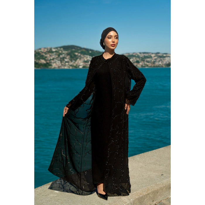 TAŞLI UZUN TESETTÜR ZARİF ABAYA - SİYAH