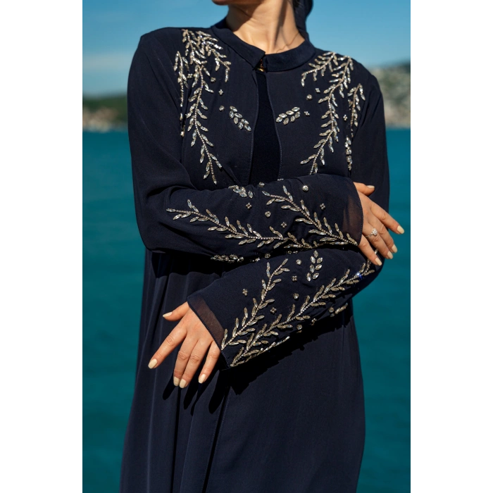 TAŞLI UZUN TESETTÜR ZARİF ABAYA - LACİVERT