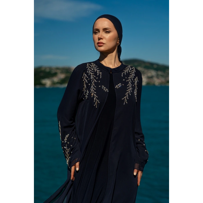 TAŞLI UZUN TESETTÜR ZARİF ABAYA - LACİVERT