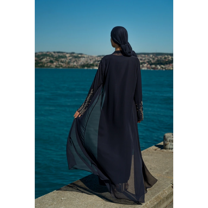 TAŞLI UZUN TESETTÜR ZARİF ABAYA - LACİVERT