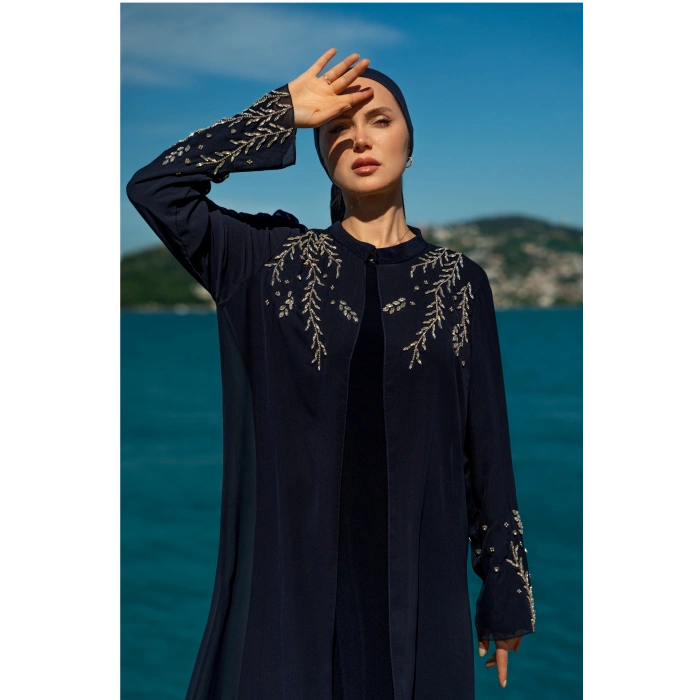 TAŞLI UZUN TESETTÜR ZARİF ABAYA - LACİVERT