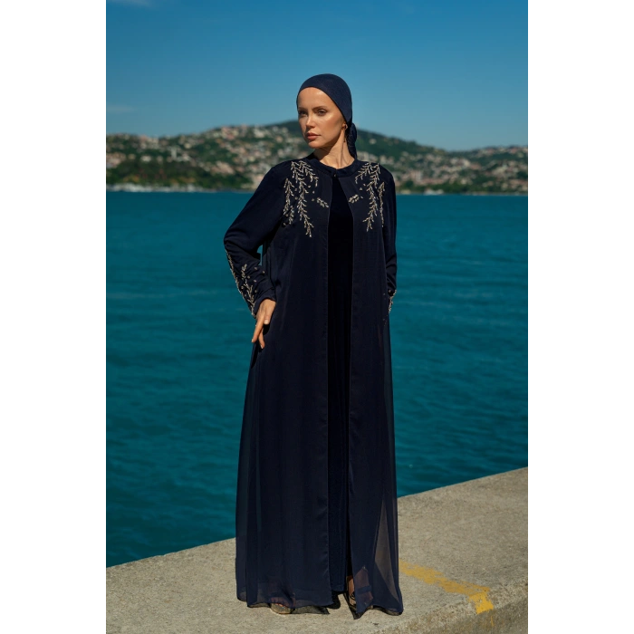 TAŞLI UZUN TESETTÜR ZARİF ABAYA - LACİVERT