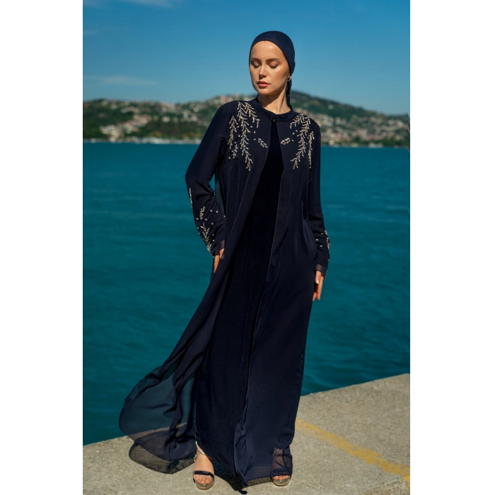 TAŞLI UZUN TESETTÜR ZARİF ABAYA - LACİVERT