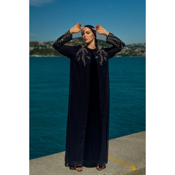 TAŞLI UZUN TESETTÜR ZARİF ABAYA - LACİVERT