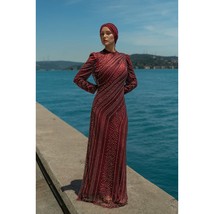 TAŞLI UZUN TESETTÜR ZARİF ABİYE-BORDO