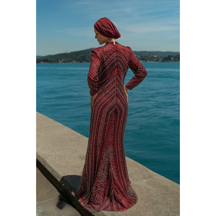 TAŞLI UZUN TESETTÜR ZARİF ABİYE-BORDO