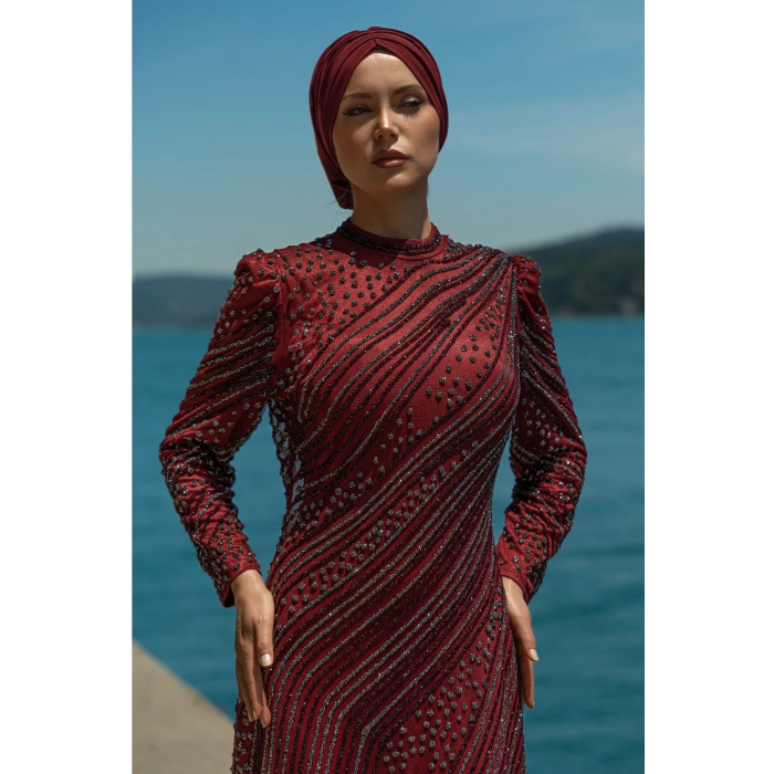 TAŞLI UZUN TESETTÜR ZARİF ABİYE-BORDO