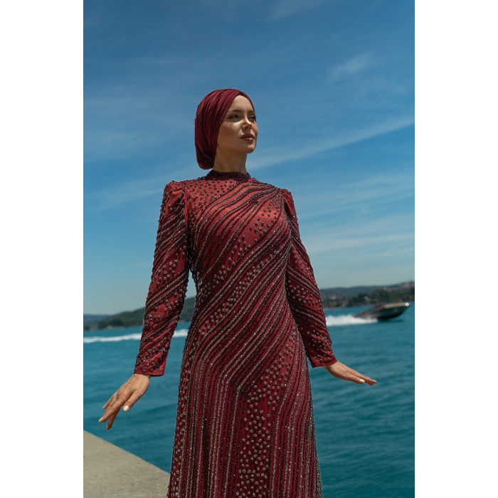 TAŞLI UZUN TESETTÜR ZARİF ABİYE-BORDO