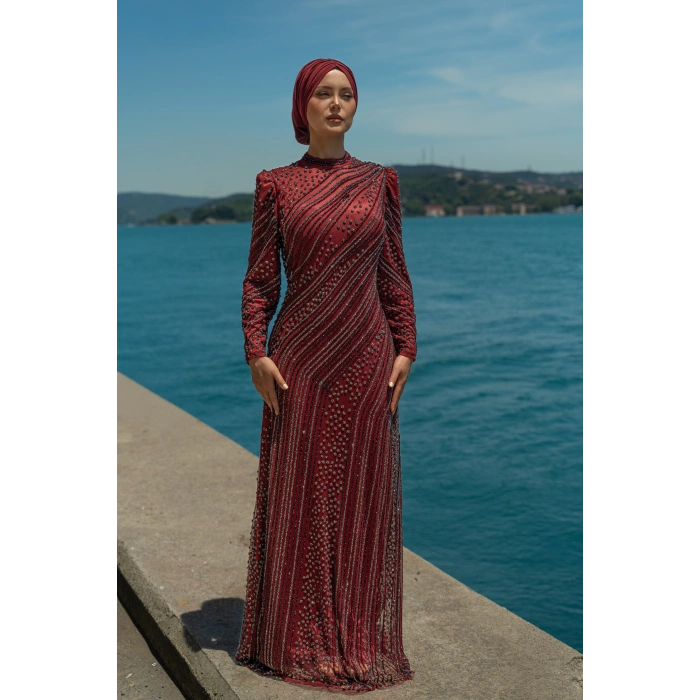 TAŞLI UZUN TESETTÜR ZARİF ABİYE-BORDO