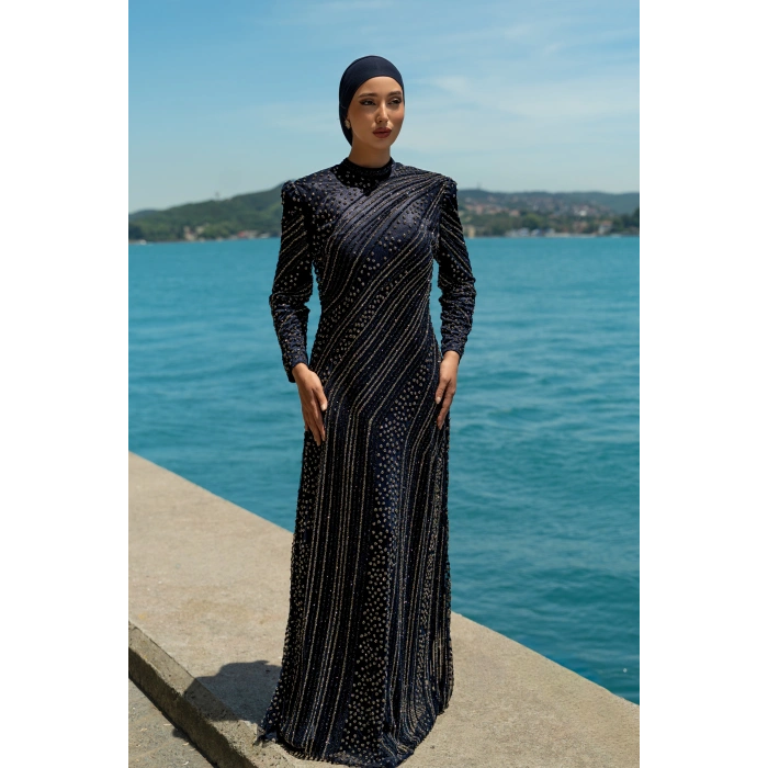 TAŞLI UZUN TESETTÜR ZARİF ABİYE-LACİVERT
