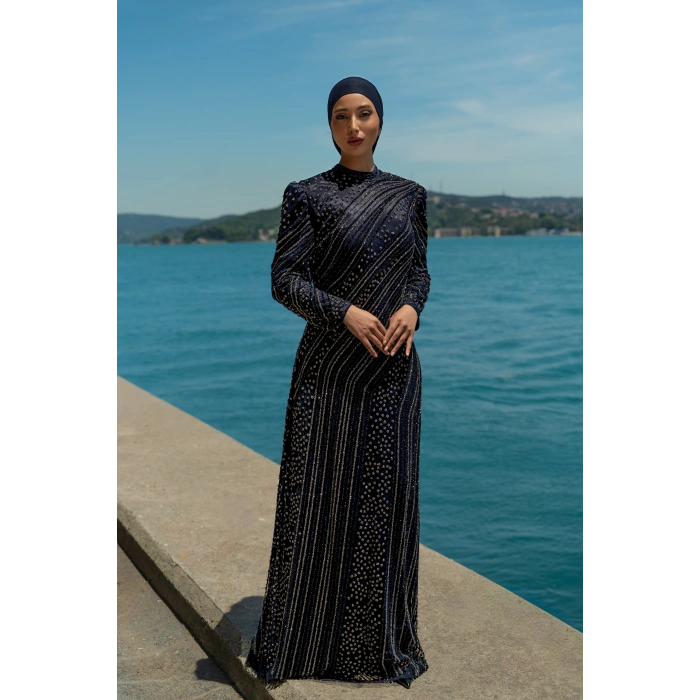 TAŞLI UZUN TESETTÜR ZARİF ABİYE-LACİVERT