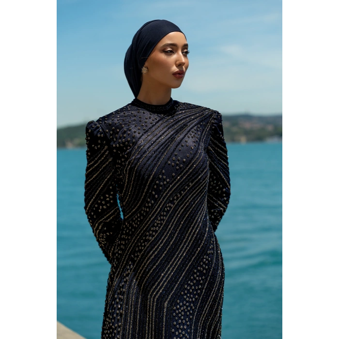 TAŞLI UZUN TESETTÜR ZARİF ABİYE-LACİVERT