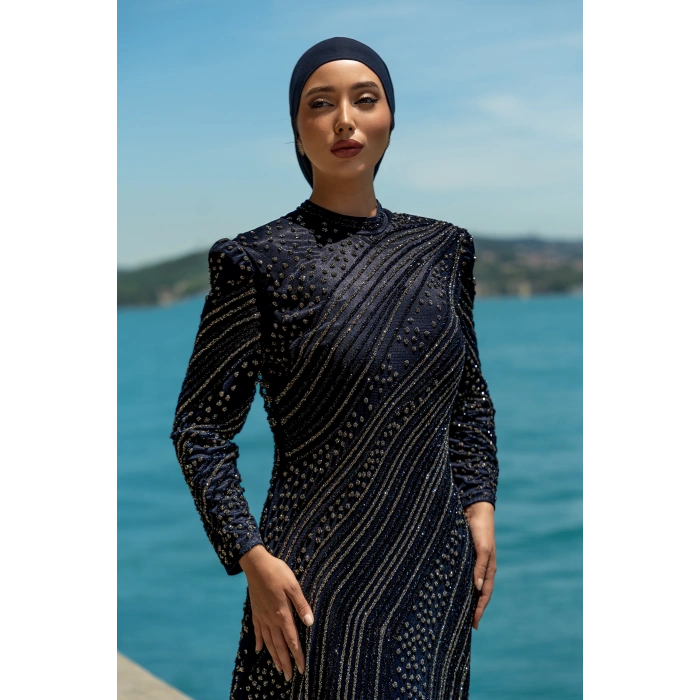 TAŞLI UZUN TESETTÜR ZARİF ABİYE-LACİVERT