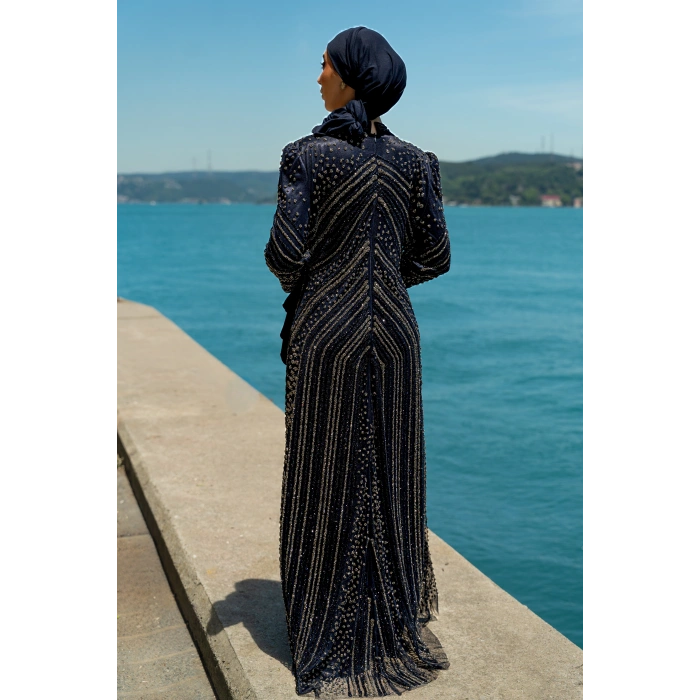 TAŞLI UZUN TESETTÜR ZARİF ABİYE-LACİVERT
