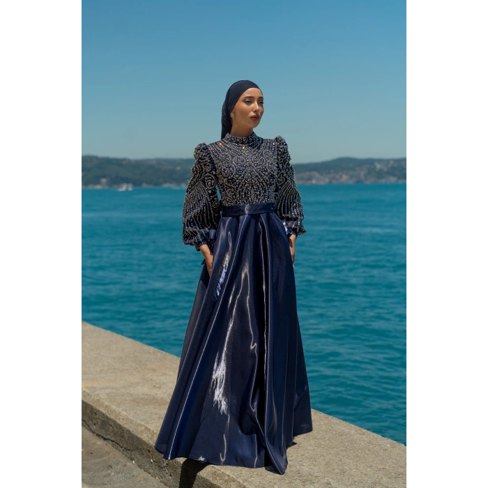 UZUN TAŞLI ZARİF TESETTÜR ABİYE-LACİVERT