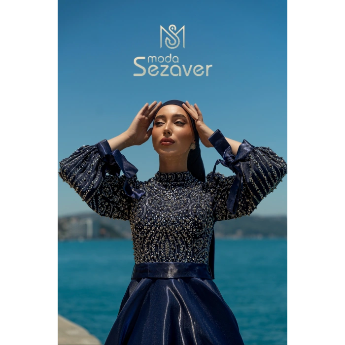UZUN TAŞLI ZARİF TESETTÜR ABİYE-LACİVERT