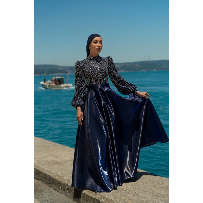 UZUN TAŞLI ZARİF TESETTÜR ABİYE-LACİVERT