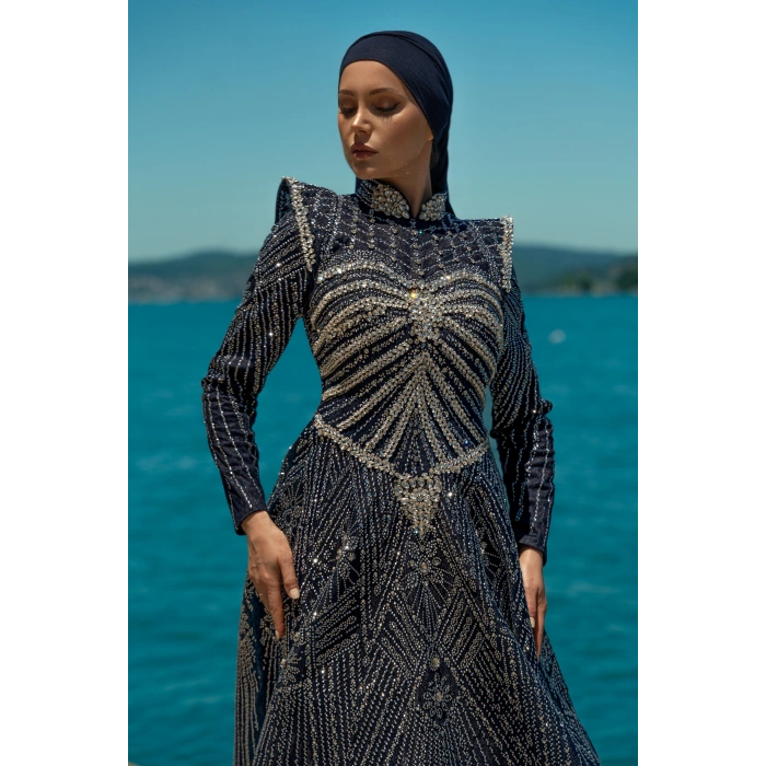 UZUN TAŞLI ZARİF TESETTÜR ABİYE-LACİVERT