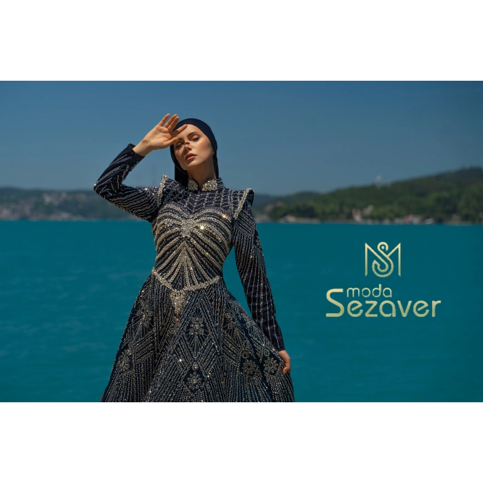 UZUN TAŞLI ZARİF TESETTÜR ABİYE-LACİVERT