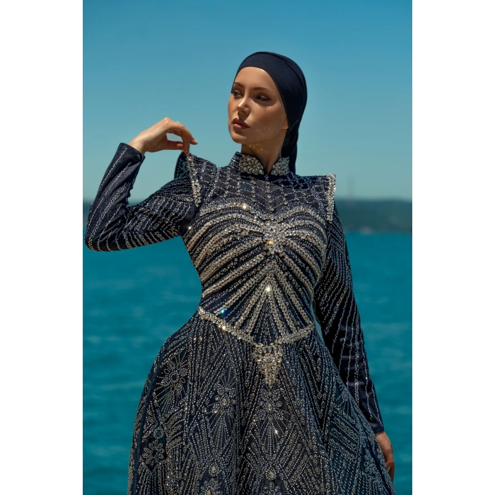 UZUN TAŞLI ZARİF TESETTÜR ABİYE-LACİVERT