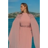 TAŞLI ZARİF TÜL UZUN PELERİNLİ TESETTÜR ABİYE - PUDRA