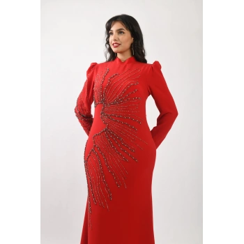 Babilin Yıldızları Krep Abiye - Kırmızı