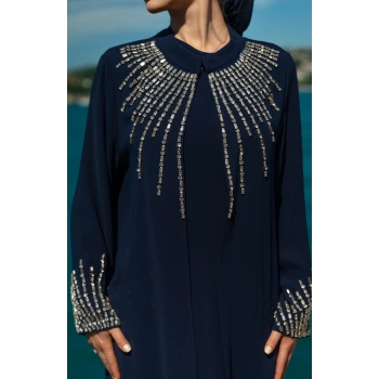 TAŞLI UZUN TESETTÜR ZARİF ABAYA-LACİVERT