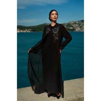 TAŞLI UZUN TESETTÜR ZARİF ABAYA-Siyah