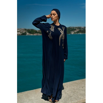 TAŞLI UZUN TESETTÜR ZARİF ABAYA-LACİVERT