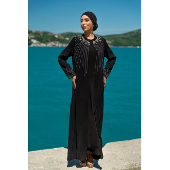 TAŞLI UZUN TESETTÜR ZARİF ABAYA -SİYAH