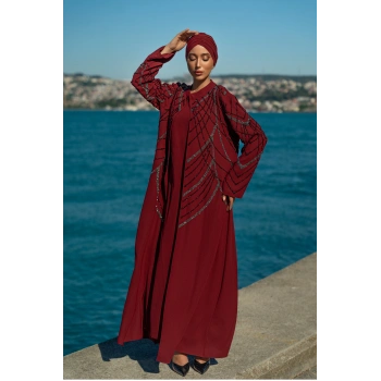 TAŞLI UZUN TESETTÜR ZARİF ABAYA-BORDO