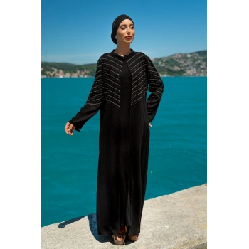 TAŞLI UZUN TESETTÜR ZARİF ABAYA-SİYAH
