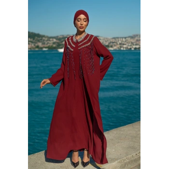 TAŞLI UZUN TESETTÜR ZARİF ABAYA-BORDO