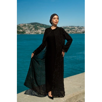 TAŞLI UZUN TESETTÜR ZARİF ABAYA - SİYAH