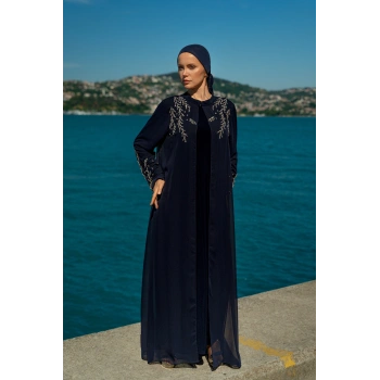 TAŞLI UZUN TESETTÜR ZARİF ABAYA - LACİVERT