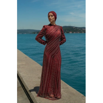 TAŞLI UZUN TESETTÜR ZARİF ABİYE-BORDO