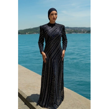 TAŞLI UZUN TESETTÜR ZARİF ABİYE-LACİVERT