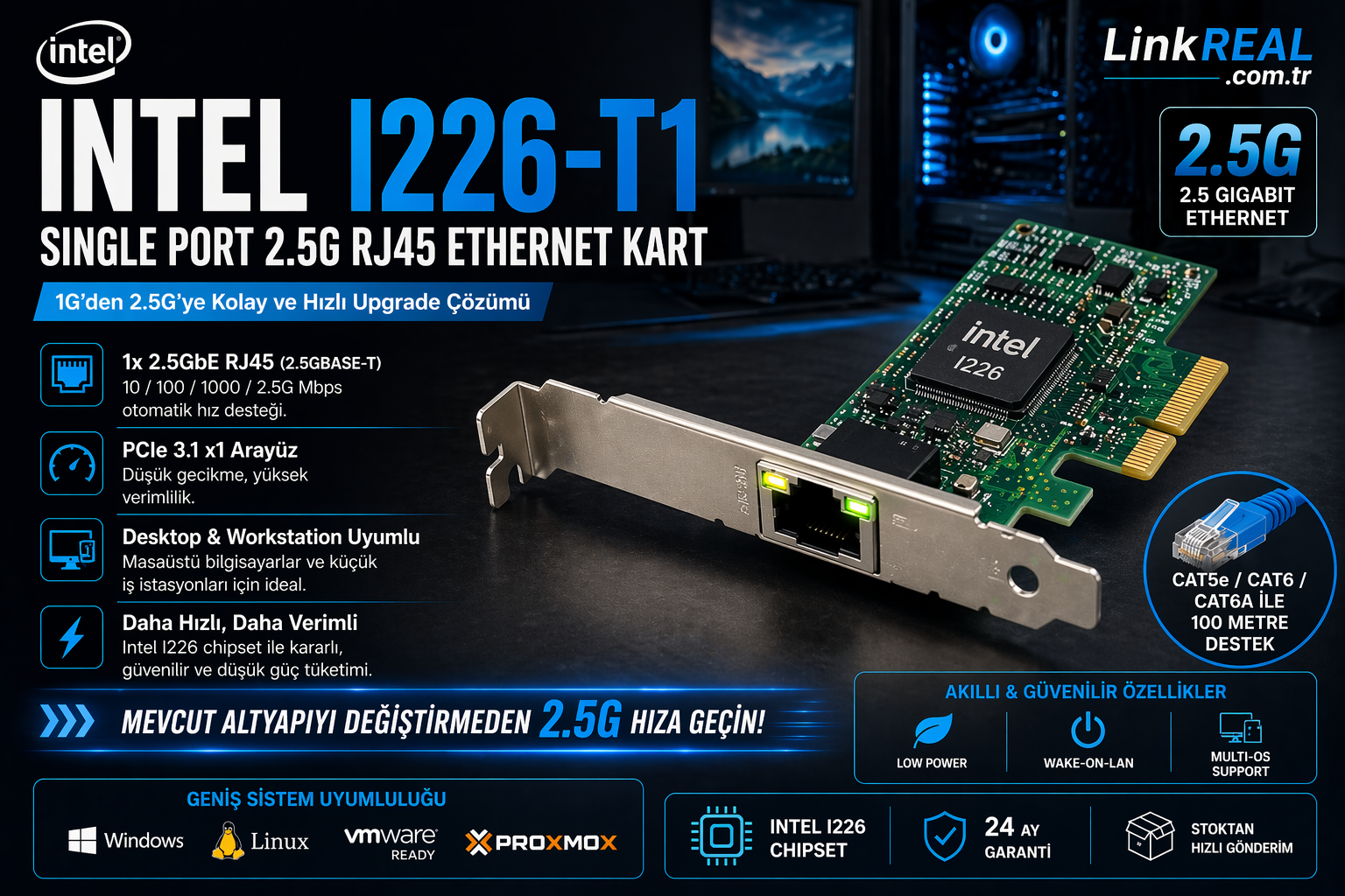 StorNET Intel i226-T1 2.5GbE Tek Port RJ45 Ethernet Kartı - PCIe 3.0 x1