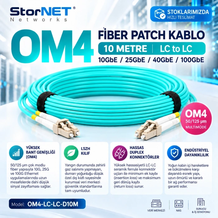 10 Metre OM4 Patch Kablo LC to LC 10GbE/25GbE/40GbE/100GbE
