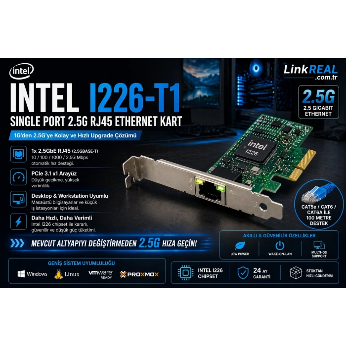 StorNET Intel i226-T1 2.5GbE Tek Port RJ45 Ethernet Kartı - PCIe 3.0 x1
