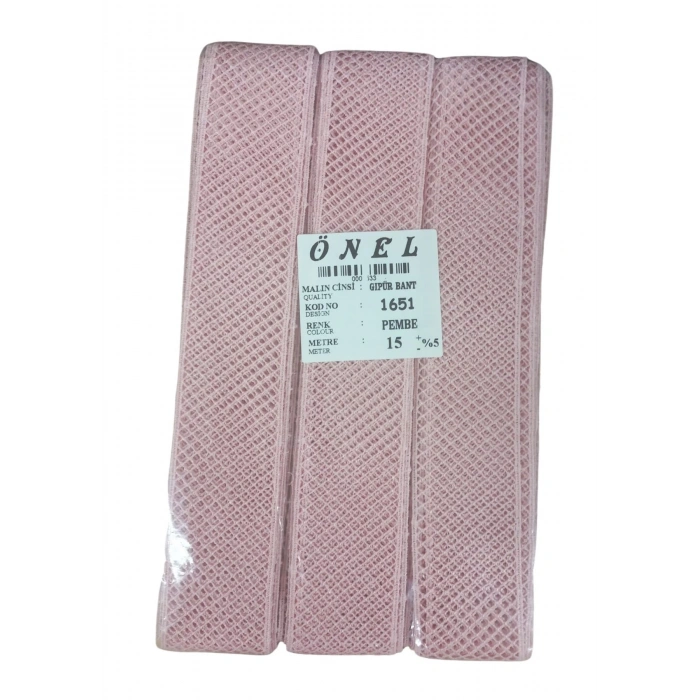 Dantel Polyester Güpür Bant Pembe 15 Metre En 3 Cm On-1651-p