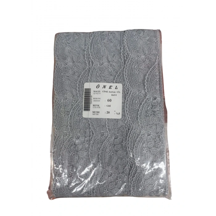 Dantel Polyester Sanal Tül Bant Gri 20 Metre En 6 Cm On-60-g
