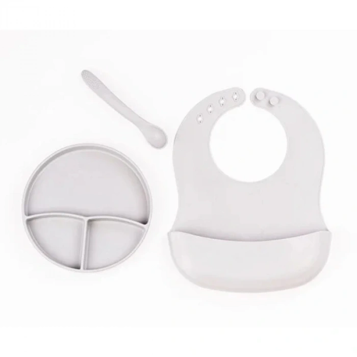 Gri 3’lü Silikon Yemek Seti – Önlük + Diş Kaşıyıcılı Kaşık + Vakumlu Tabak